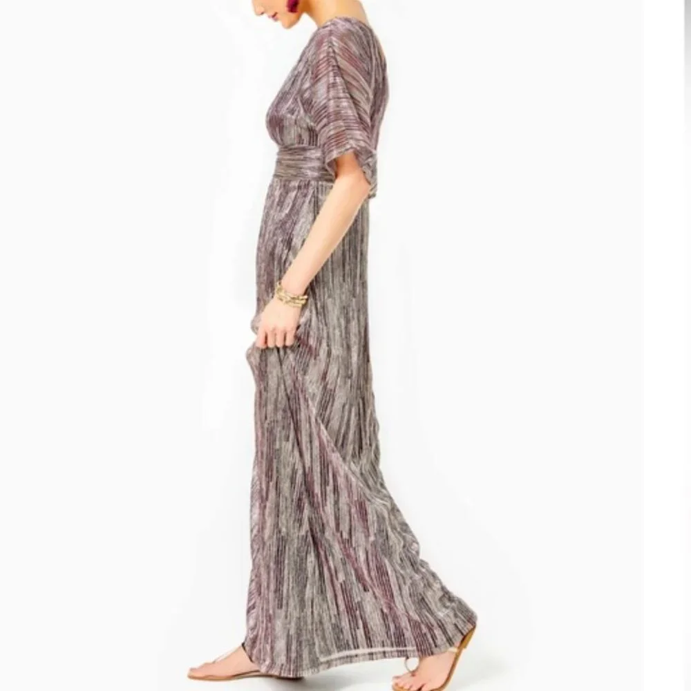 Lily Pulitzer Parigi Elbow Sleeve Maxi DRESS Metallic Rope Berry Crinkle Size L - Picture 6 of 13